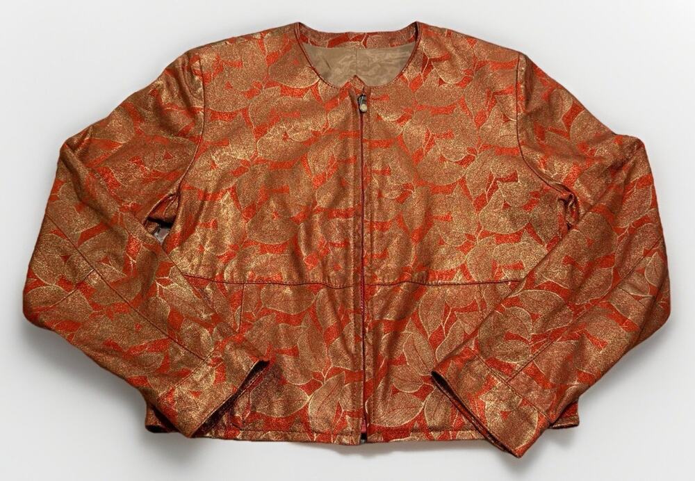 Remy Leather Ladies Orange Leaf Print Leather Jacket Sz S Made In USA EUC